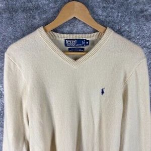 Ralph Lauren Sweater Womens Medium Off White All Lambs Wool V Neck Pullover Pony